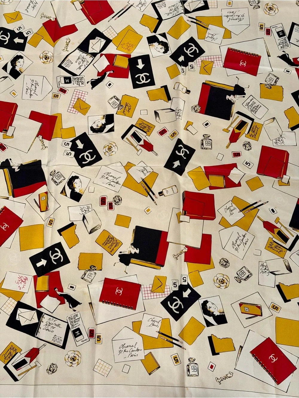 CHANEL Cream Silk Scarf with Red, Black & Yellow Motifs